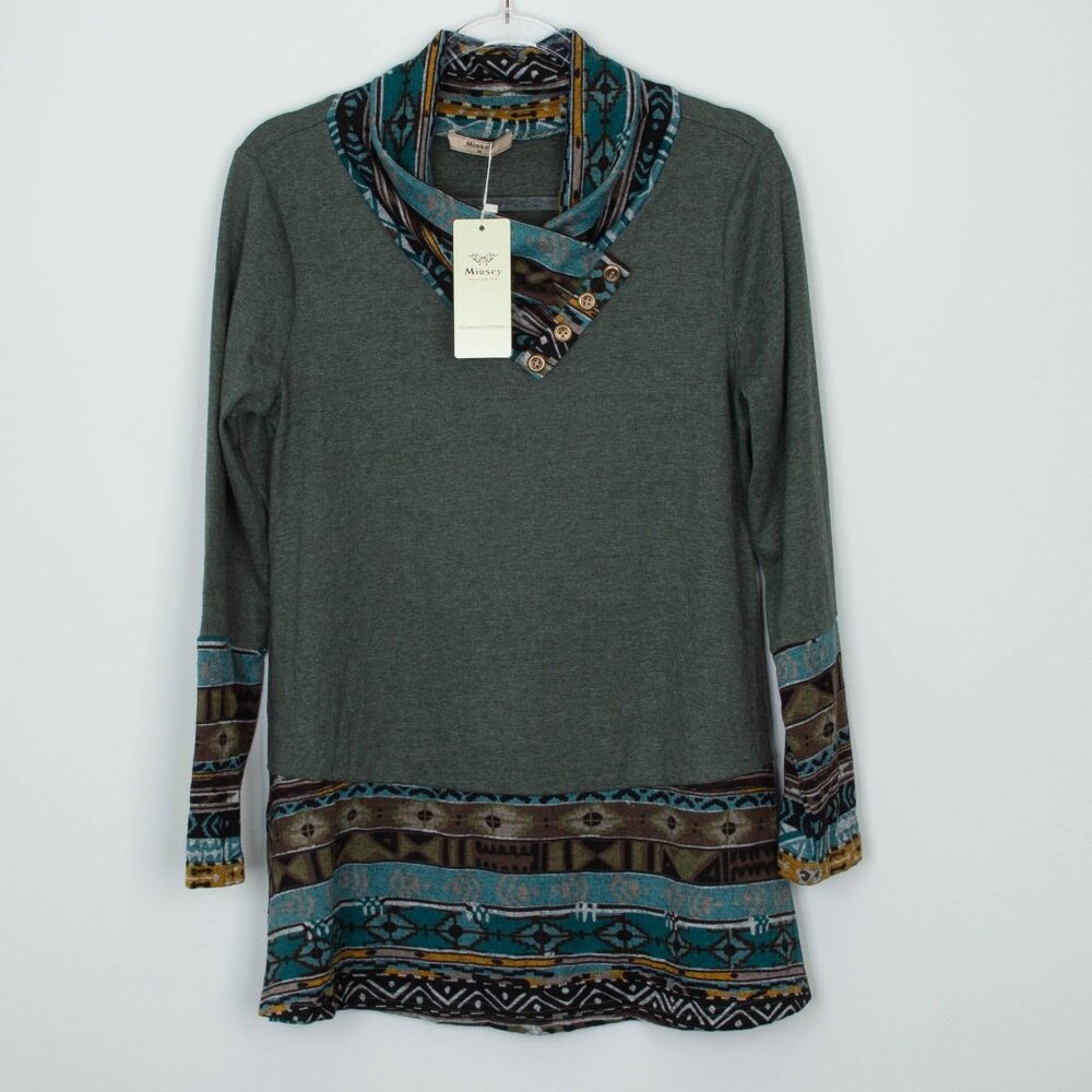 NWT Miusey Womens Long Sleeve Cowl Neck Knit Tunic Top Size M Southwestern Aztec
